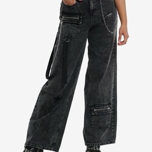 Hot Topic | 7 | Black Washed Wide Leg Cargo Jeans | Distressed Grunge Alt Pants